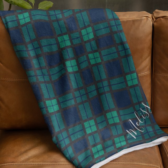 Manta Polar Tartán Black Watch de Clan Plaid personalizado (Rustic Plaid Blackwatch Tartan Monogram Fleece Blanket)