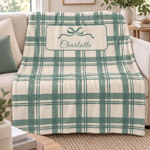 Manta Polar Tartan Cuadros Verde Salvia Crema Lazo Navidad