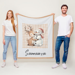 Manta Polar Tartan de cuadros reno de nieve naranja beige nomb