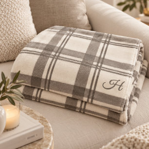 Manta Polar Tartan de cuadros taupe crema monogramado