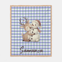 Manta Polar Tartan plaid reindeer snowman blue beige name