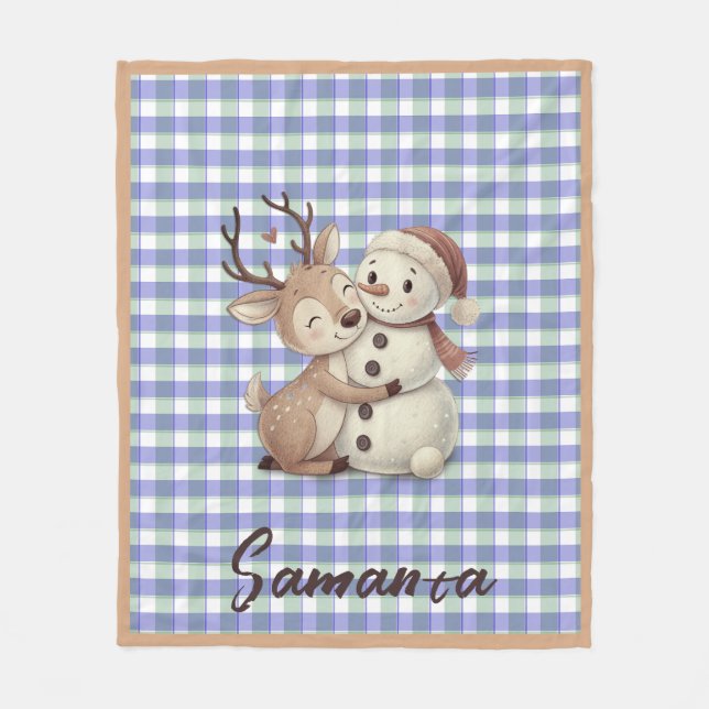 Manta Polar Tartan plaid reindeer snowman blue beige name (Anverso)