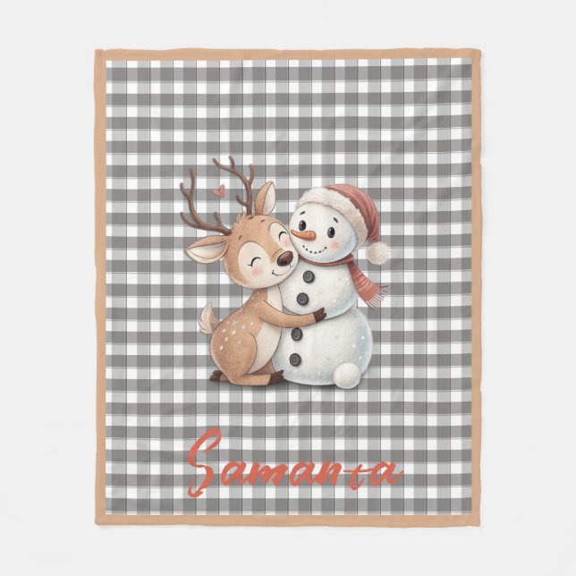 Manta Polar Tartan plaid reindeer snowman grey white name (Anverso)