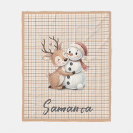 Manta Polar Tartan plaid reindeer snowman orange beige name