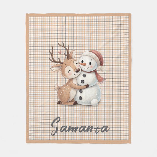 Manta Polar Tartan plaid reindeer snowman orange beige name (Anverso)