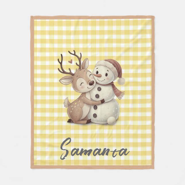 Manta Polar Tartan plaid reindeer snowman yellow beige name (Anverso)