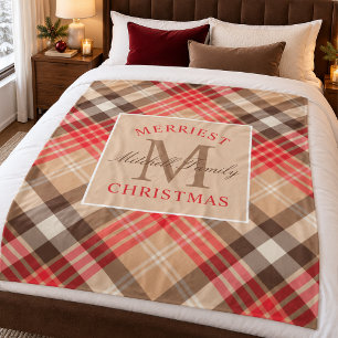Manta Polar Tartan Rojo Canela Monograma Navidades Más Alegres