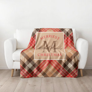 Manta Polar Tartan Rojo Canela Monograma Navidades Más Alegres