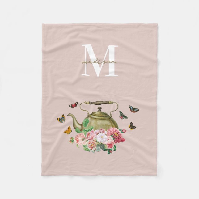 Manta Polar Taza de té Monograma de Fiesta Rosado Floral y Mar (Anverso)