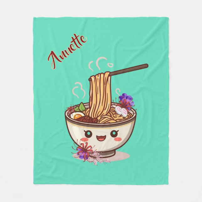 Manta Polar Tazón de comida de ramen azul turquesa Kawaii con  (Anverso)
