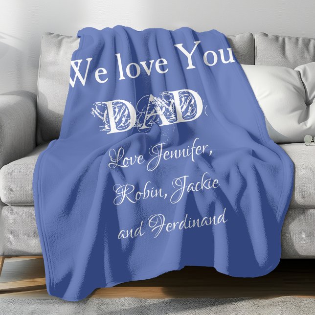 Manta Polar Te Aman Papá Guión Niños Nombres Simple Cuidados ("We Love You DAD" super comfy light blue fleece blanket.)