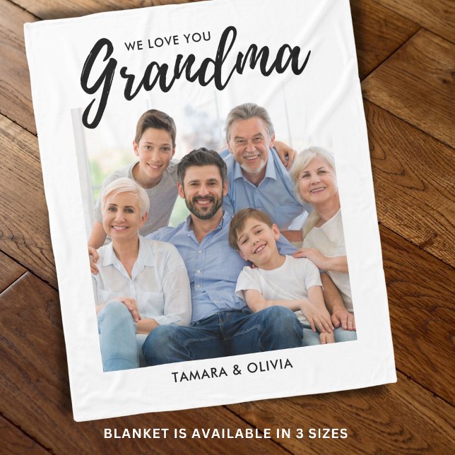 Manta Polar Te queremos abuela Una foto de blanco personalizad (We Love You Grandma One Photo Personalized White Fleece Blanket)