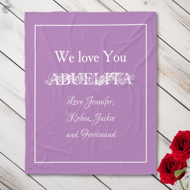Manta Polar "Te queremos ABUELITA" Mauve de nombres personaliz ("We Love You ABUELITA" Custom Names Soft Mauve Fleece Blanket.)