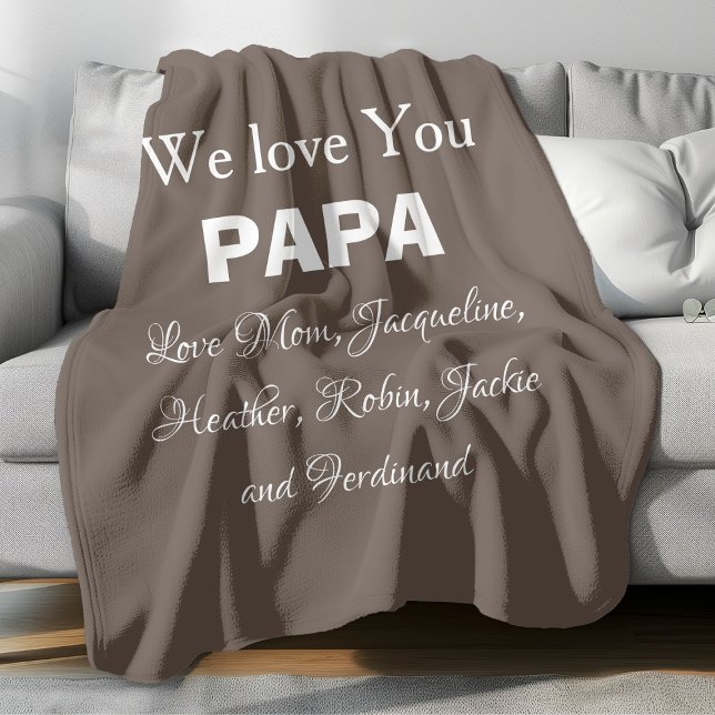 Manta Polar Te queremos papá Regalo Script Nombres de familia  ('We Love You PAPA' personalized comfy soft brown fleece blanket.)