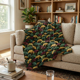 Manta Polar Teal Burgundy Vintage Ginkgo Leaf Pattern 