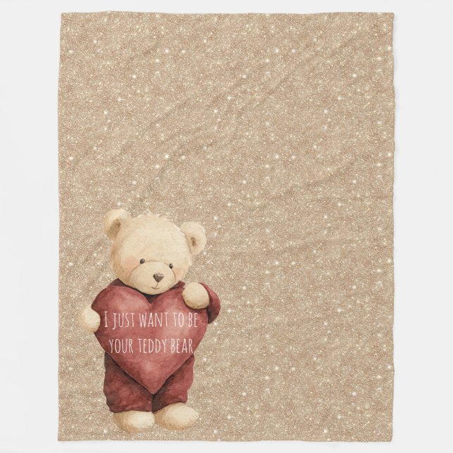 Manta Polar Teddy Bear Red Heart Gold Glitter (Anverso)