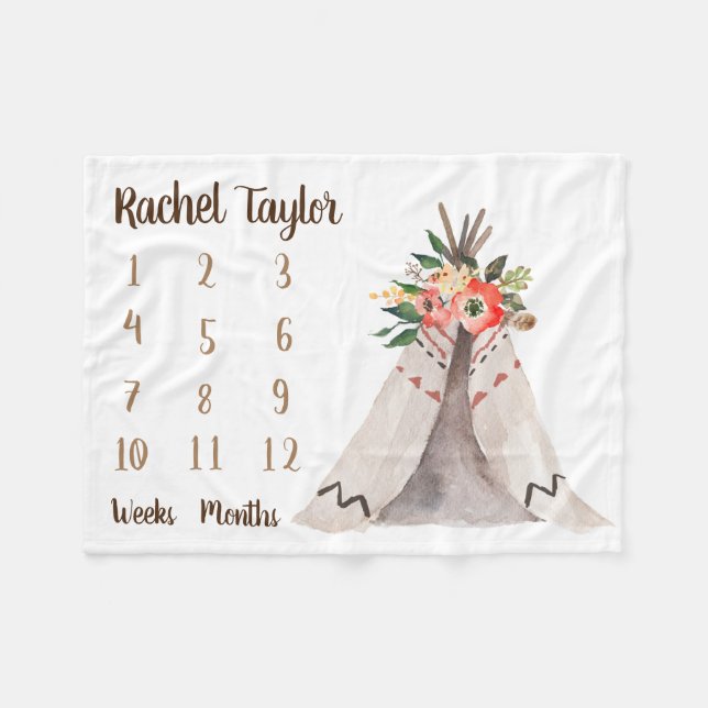 Manta Polar Teepee Monthly Baby Girl Milestone Blanket (Frente (Horizontal))