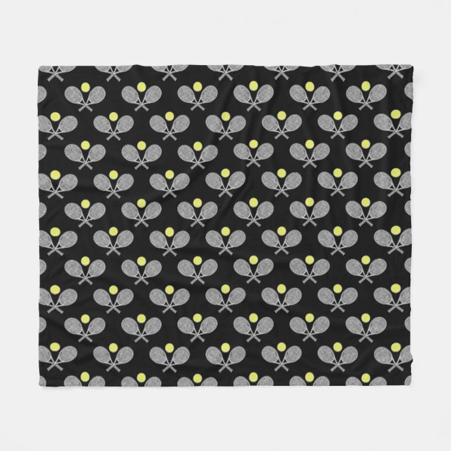 Manta Polar Tennis Seamless Pattern - Racket and Ball on Black (Frente (Horizontal))