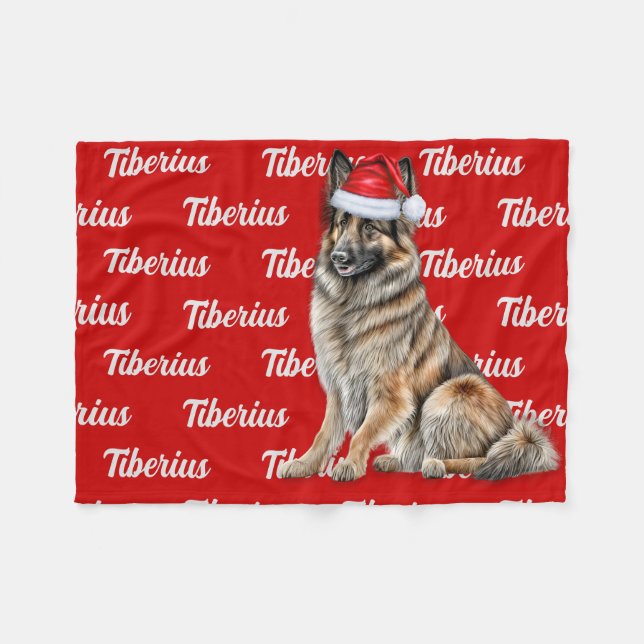 Manta Polar Tervuren belga en rojo con perro Navidad de nombre (Frente (Horizontal))