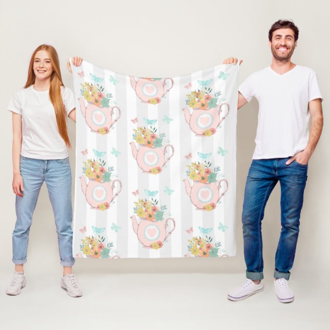 Manta Polar Tetera rosa con patrón de flores y mariposas (In situ)