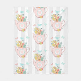 Manta Polar Tetera rosa con patrón de flores y mariposas