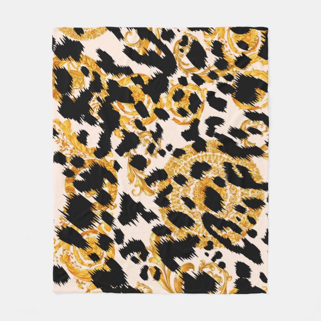 Manta Polar Textura de leopardo: patrón barroco dorado. (Anverso)