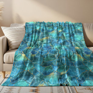 Manta Polar Textura de mármol azul turquesa con venas doradas