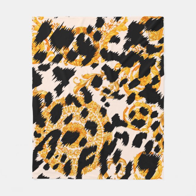 Manta Polar Textura leopardo con estampado barroco dorado (Anverso)