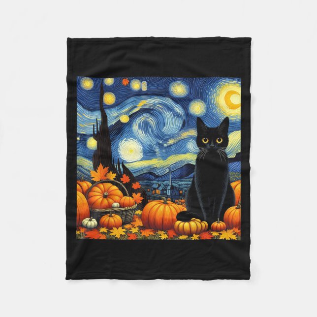 Manta Polar Thanksgiving Van Gogh Starry Night Black Cat Pumpk (Anverso)