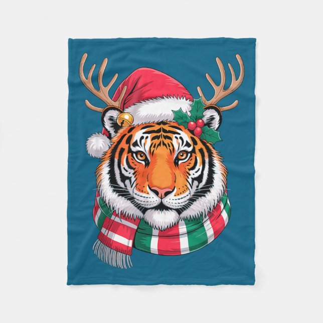 Manta Polar Tiger Reindeer Christmas Santa Hat Tiger Xmas  (Anverso)