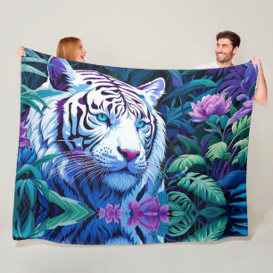 Manta Polar Tigre blanco con flores moradas