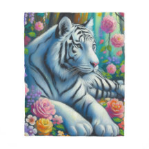 Tigre blanco en un bosque con flores color rosa Ve