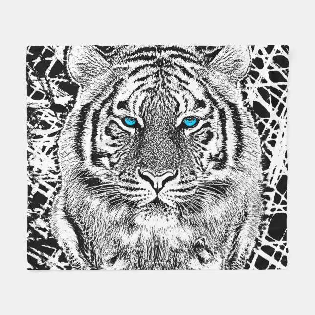 Manta Polar Tigre Negrita De Ojos Azules Negros Y Blancos (Frente (Horizontal))