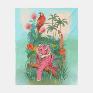 Manta Polar Tigre rosa y jungla tropical de loro