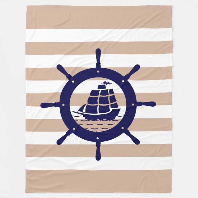 Manta Polar Tiras Tan y Blancas Con Rueda Náutica Azul (Anverso)