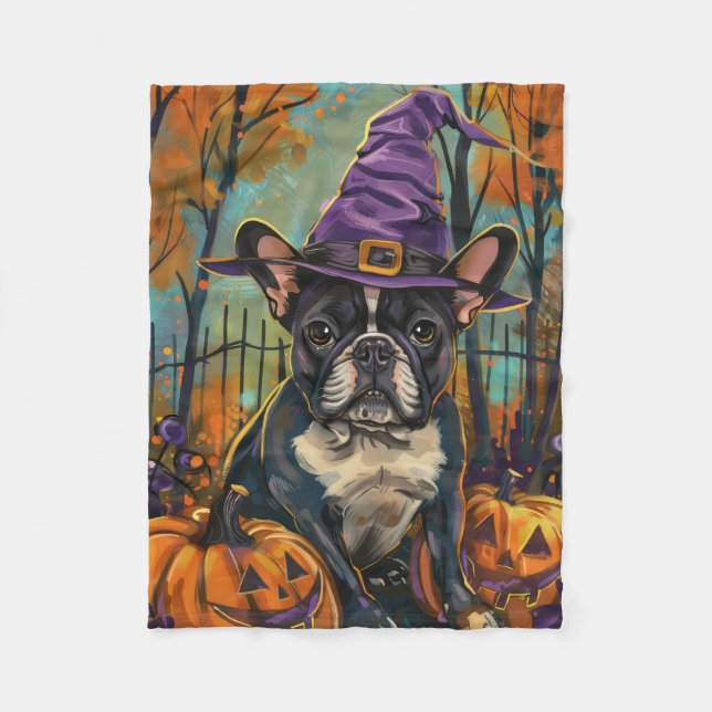 Manta Polar Tocante Bulldog francés Halloween Bruja Y Calabaza (Anverso)