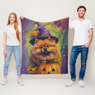 Manta Polar Tocante Chow Chow Perro Halloween Bruja Y Calabaza