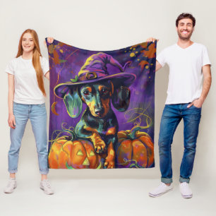 Manta Polar Tocante Perro Dachshund Bruja Halloween Y Calabaza