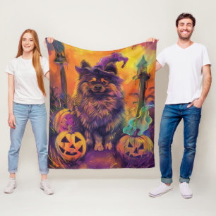 Manta Polar Tocante Perro Keeshond Halloween Bruja Y Calabaza