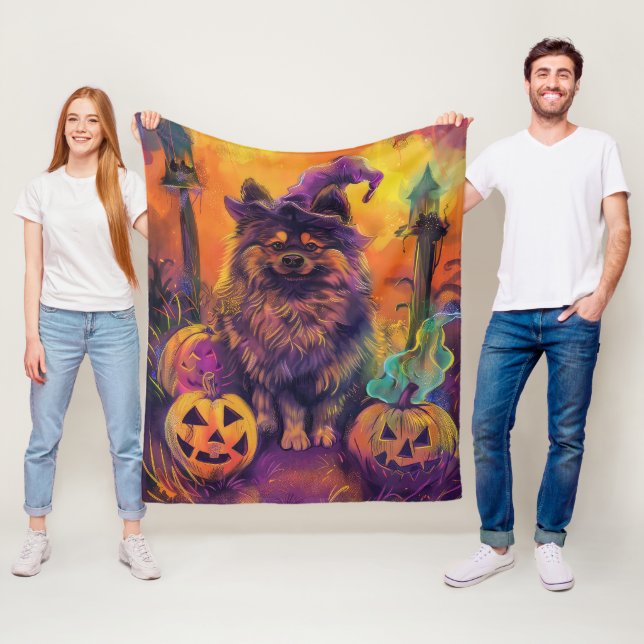 Manta Polar Tocante Perro Keeshond Halloween Bruja Y Calabaza (In situ)