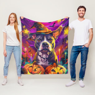 Manta Polar Tocante Perro Pitbull Halloween Bruja Y Calabaza