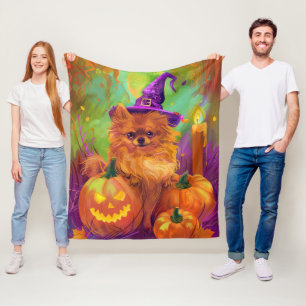 Manta Polar Tocante Perro Pomeraniano Halloween Bruja Y Calaba