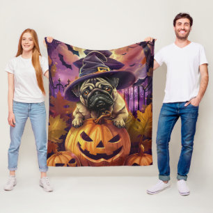 Manta Polar Tocante Perro Pug Halloween Bruja Y Calabaza