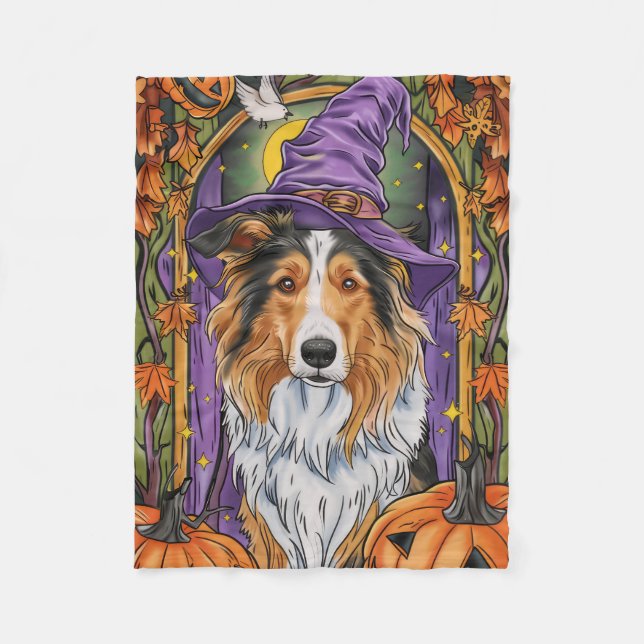 Manta Polar Tocante Rough Collie Dog Halloween Bruja Calabaza (Anverso)