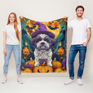 Manta Polar Tocante Shih Tzu Perro Halloween Bruja Y Calabaza
