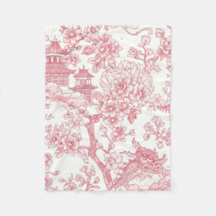 Manta Polar Toile de Chinoiserie Rosa Dragón Flor de Cerezo