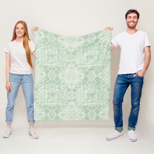 Manta Polar Toile de Jouy Vintage Verde Salvia con Figuras Clá