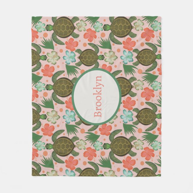 Manta Polar Tortuga marina e Hibiscus: Nursera floral rosa de  (Anverso)