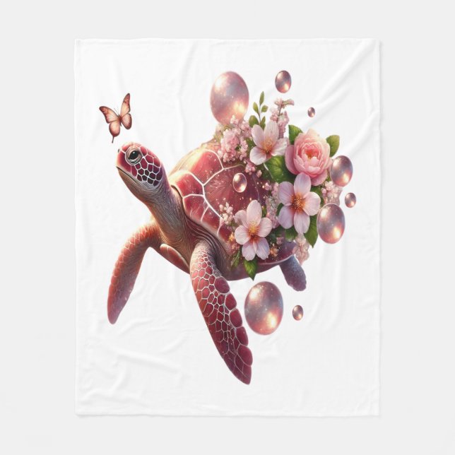 Manta Polar Tortuga marina floral de Boho, flor rosa (Anverso)