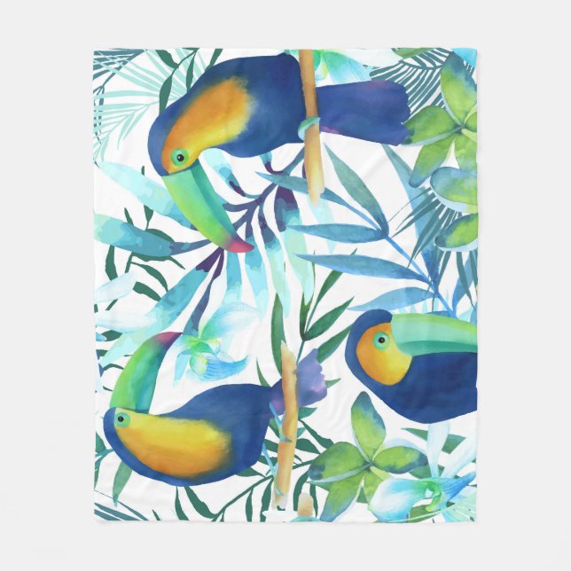 Manta Polar Toucanes Tropicales: Patrón de Flores Exóticas. (Anverso)